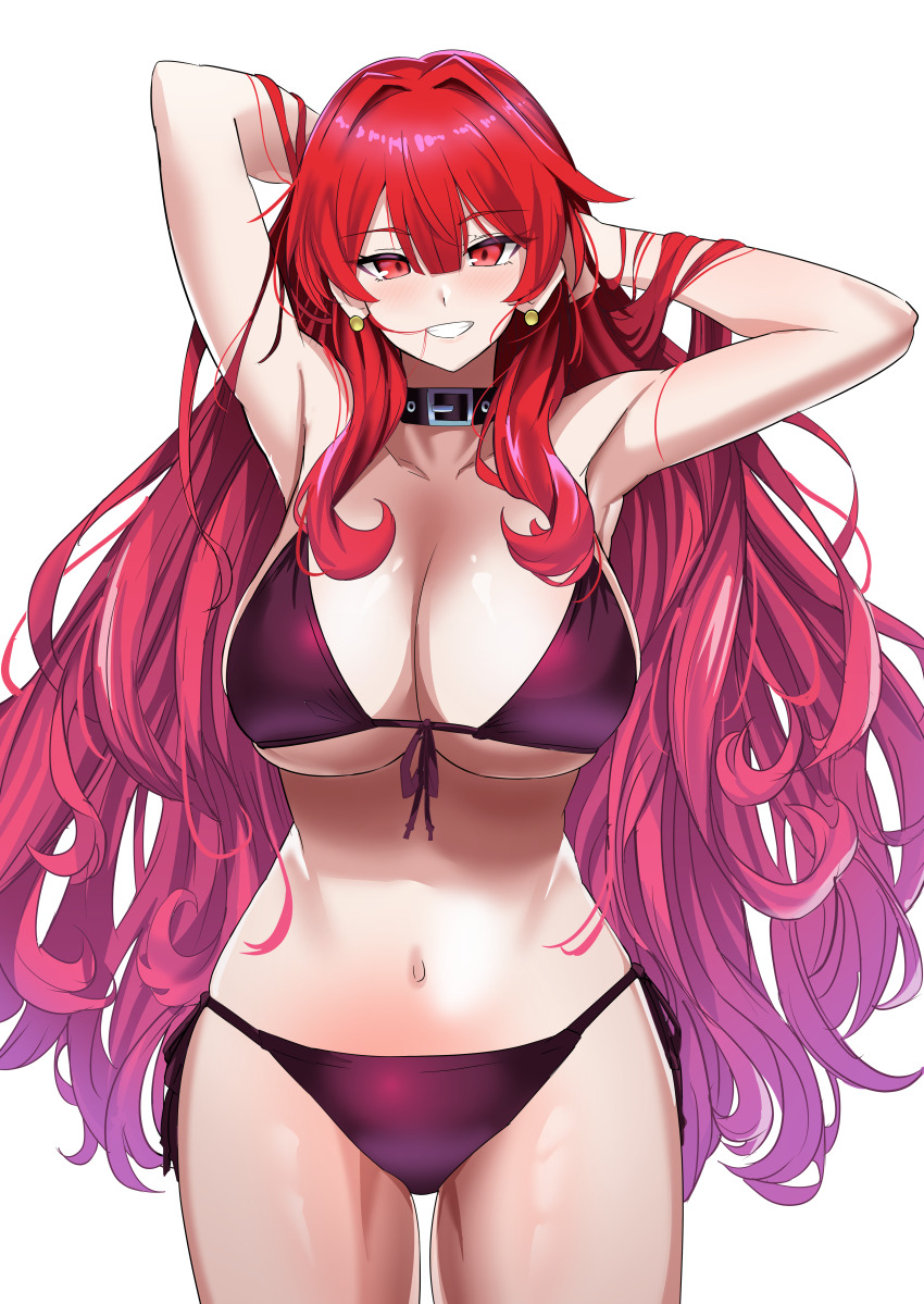 1girl, absurdres, armpits, bikini, black_collar, breasts, collar, collarbone, commentary_request, commission, duel_monster, earrings, exosister_karmael, exosister_martha, highres, jewelry, large_breasts, long_hair, looking_at_viewer, navel, purple_bikini, red_hair, simple_background, skeb_commission, solo, standing, swimsuit, synchroman, thighs, very_long_hair, white_background, yu-gi-oh!