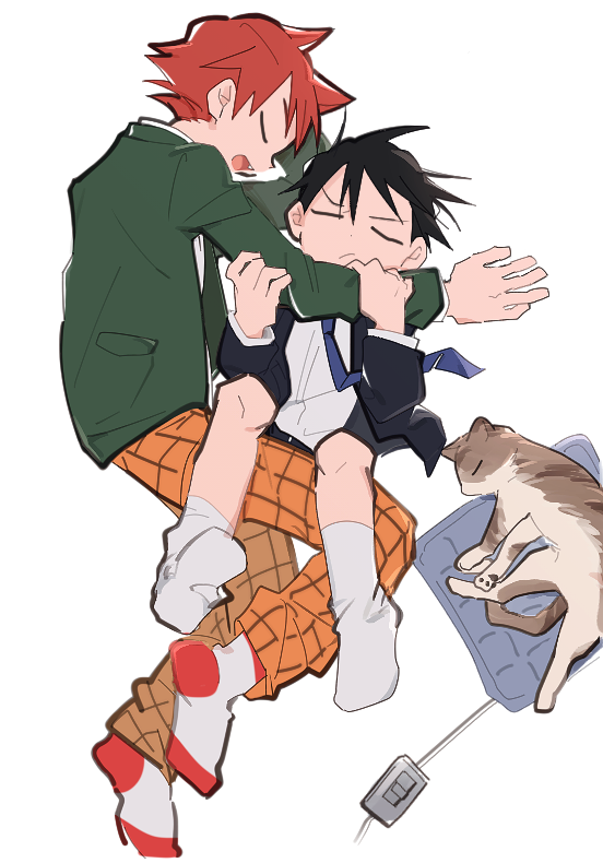 2boys, :/, age_difference, aged_down, animal, ankle_socks, black_hair, black_jacket
