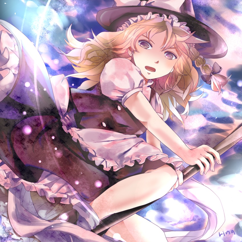 1girl, apron, blonde_hair, braid, broom, dress, female_focus, frilled_skirt