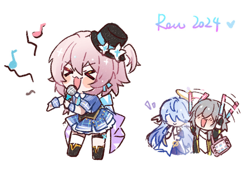 >_<, 2024, 3girls, adapted_costume, afterimage, back_bow, bag, black_boots