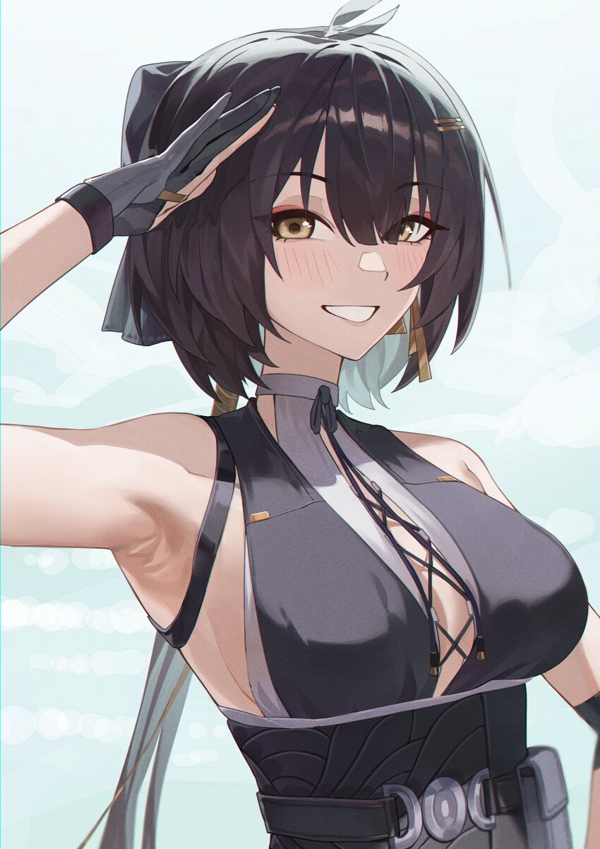 1girl, absurdres, armpits, bare_shoulders, black_gloves, black_hair, breasts, commentary