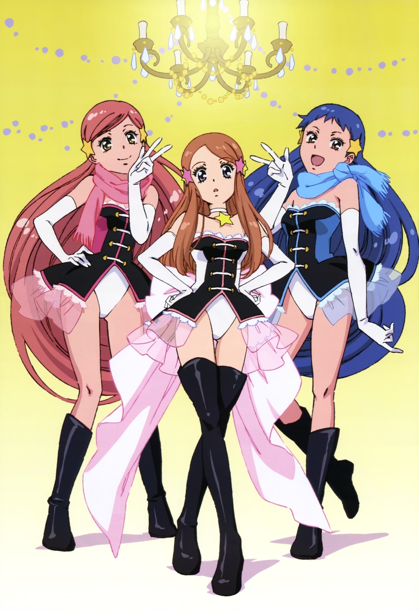 10s, 3girls, absurdres, blue_hair, boots, brown_hair, elbow_gloves, gloves