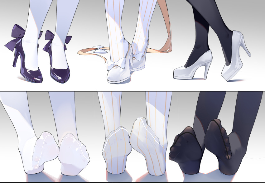3girls, black_shoes, blonde_hair, blue_archive, chinese_commentary, commentary_request, feet, foot_focus, high_heels, highres, mika_(blue_archive), multiple_girls, multiple_views, nagisa_(blue_archive), no_shoes, painterliuhao, pantyhose, pinstripe_pantyhose, seia_(blue_archive), shoes, socks, soles, striped_clothes, striped_pantyhose, tea_party_(blue_archive), toes, vertical-striped_clothes, vertical-striped_pantyhose, white_pantyhose, white_shoes