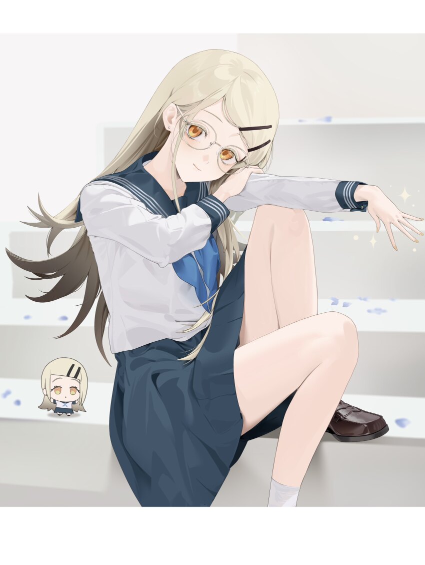 2girls, abel_makkonen_tesfaye, absurdres, bare_legs, bespectacled, black_skirt, blonde_hair, blue_neckerchief, brown_shoes, chibi, chibigurumi, chinese_commentary, colored_eyelashes, commentary_request, dual_persona, earrings, flipped_hair, gakuen_idolmaster, glasses, head_rest, highres, idolmaster, jewelry, light_smile, loafers, long_hair, long_sleeves, looking_at_viewer, multiple_girls, neckerchief, orange_eyes, petals, round_eyewear, shinosawa_hiro, shoes, sitting, sitting_on_stairs, skirt, socks, stairs, stud_earrings, very_long_hair, white_background, white_socks