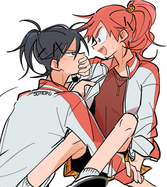 2girls, :d, ankle_socks, arm_between_legs, bike_shorts, bike_shorts_under_skirt, black_hair, blue_eyes