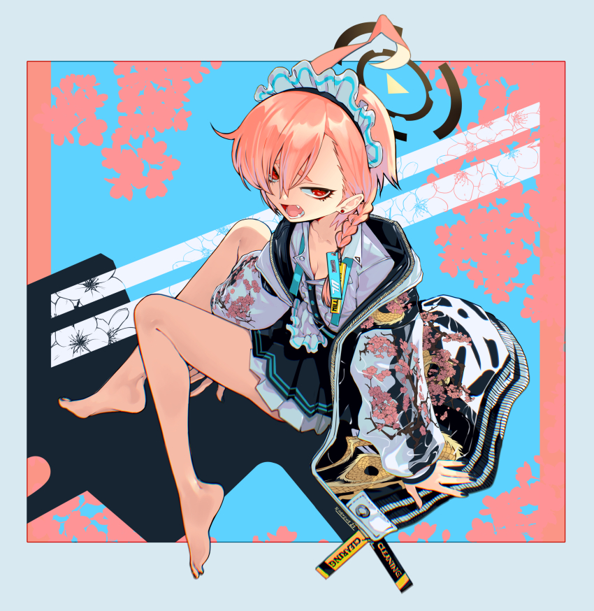 1girl, absurdres, ahoge, backlighting, barefoot, between_legs, black_nails, blue_archive