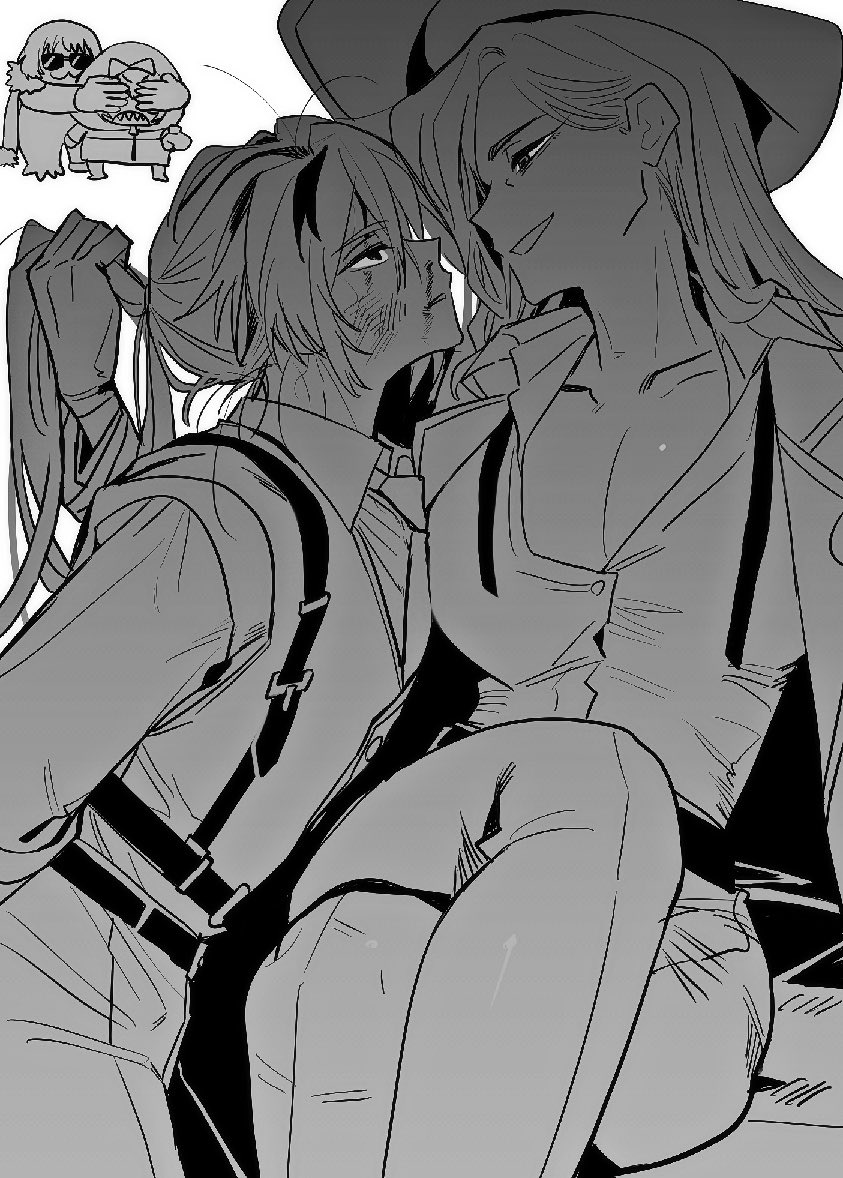 2boys, 2girls, :3, arms_behind_back, belt, breasts, chest_harness, cleavage