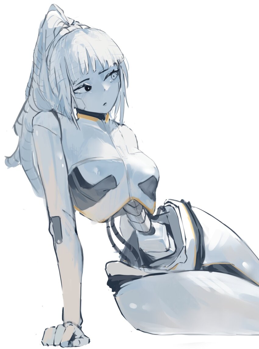 1girl, albina_(project_moon), android, black_eyes, breasts, cable_hair, commentary, facing_viewer, gerxest, grey_eyes, grey_hair, heterochromia, highres, limbus_company, long_hair, looking_to_the_side, ponytail, project_moon, simple_background, solo, white_background