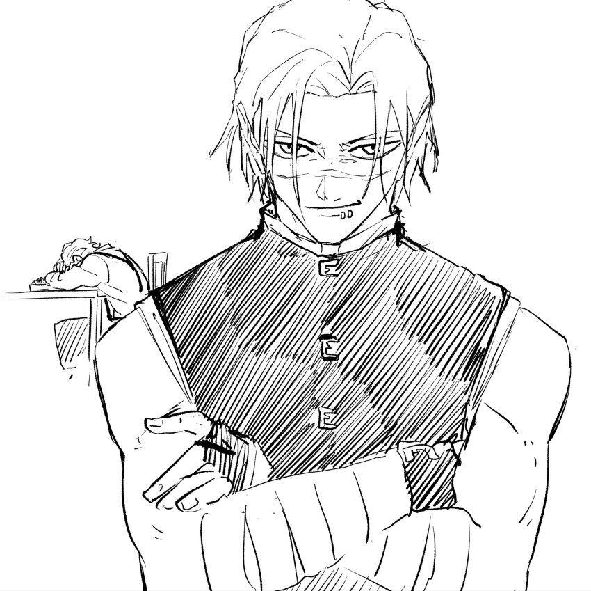 2boys, bandaged_arm, bandages, biceps, closed_mouth, crossed_arms, face_piercing, fingerless_gloves