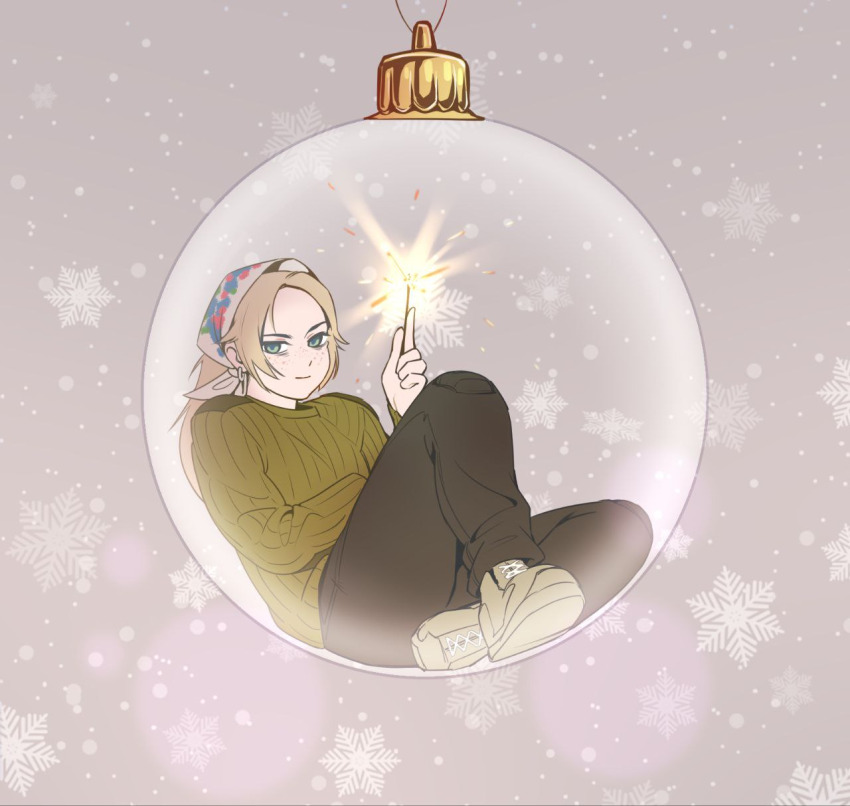 1girl, anichiva, blonde_hair, blue_eyes, christmas, christmas_cracker, christmas_lights, christmas_ornaments