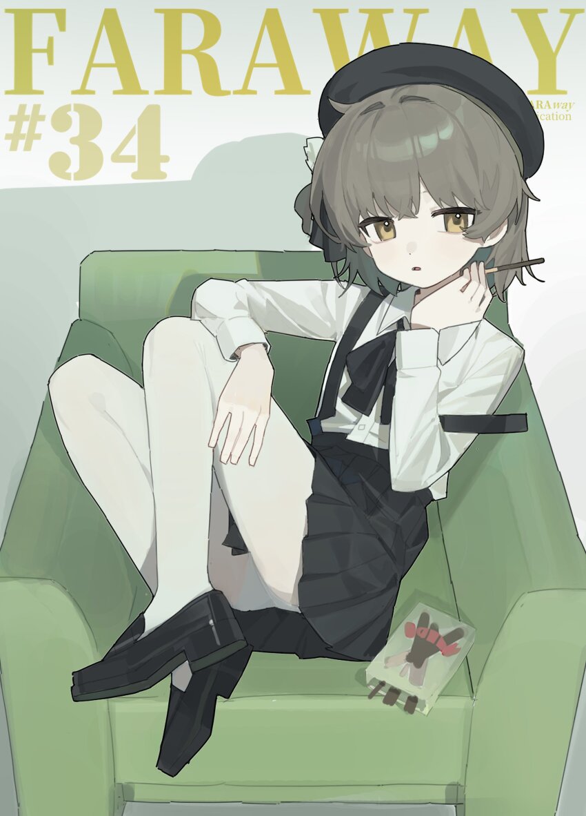 1girl, absurdres, ar2a, arm_rest, beret, black_bow, black_bowtie, black_hat, black_shoes, black_skirt, bow, bowtie, brown_eyes, brown_hair, chair, collared_shirt, food, full_body, hair_rings, hashtag-only_commentary, hat, hatoba_tsugu, highres, holding, holding_food, holding_pocky, knees_up, loafers, long_sleeves, looking_at_viewer, medium_hair, miniskirt, on_chair, panties, pantyhose, parted_lips, pleated_skirt, pocky, shirt, shoes, side_up_ring, sitting, skirt, solo, suspender_skirt, suspenders, suspenders_slip, tsugu_(vtuber), underwear, upskirt, virtual_youtuber, white_panties, white_pantyhose, white_shirt