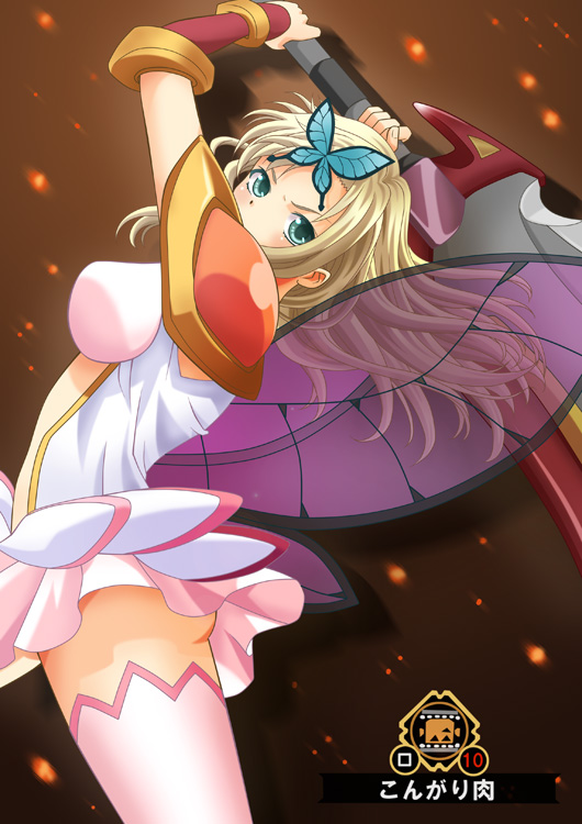 10s, 1girl, armor, ass, bad_id, bad_pixiv_id, blonde_hair, boku_wa_tomodachi_ga_sukunai