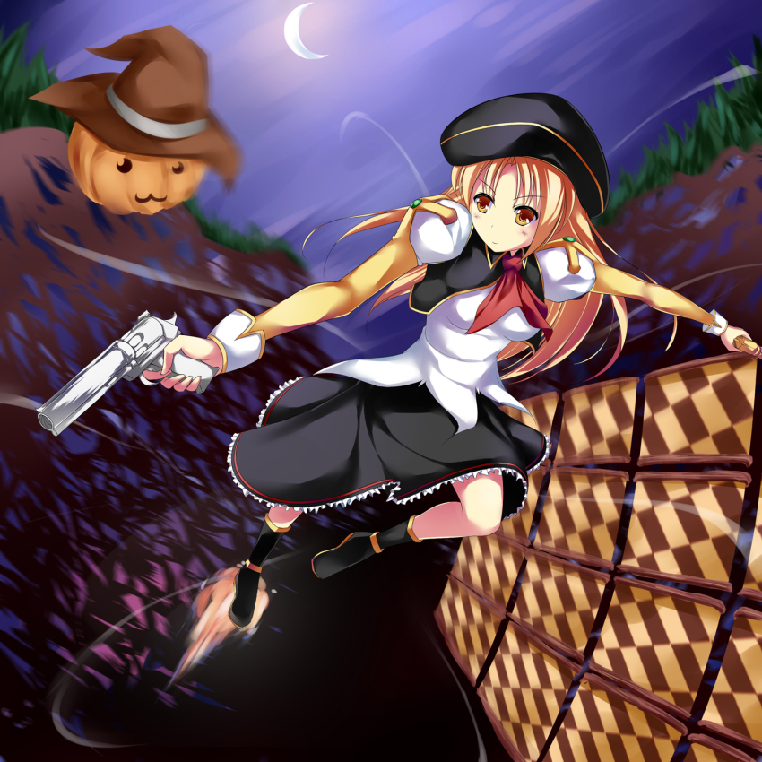 1girl, :3, beret, blonde_hair, brown_eyes, dual_wielding, eryth_millfall, female_focus, gun, gundemonium, handgun, handkerchief, hat, highres, holding, maullarmaullar, pumpkin, revolver, skirt, solo, weapon, witch_hat