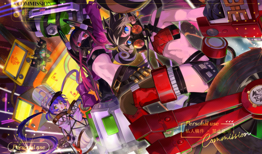 1boy, 1other, 2girls, androgynous, bare_shoulders, blue_eyes, blue_hair, breasts, commentary_request, crop_top, dress, duel_monster, dutch_angle, flat_chest, gas_mask, highres, hsin, kewl_tune_clip, kewl_tune_cue, kewl_tune_reco, kewl_tune_rs, long_hair, looking_at_viewer, mask, midriff, multiple_girls, navel, pink_hair, red_eyes, see-through_clothes, see-through_dress, small_breasts, stomach, strapless, twitter_username, yellow_eyes, yu-gi-oh!