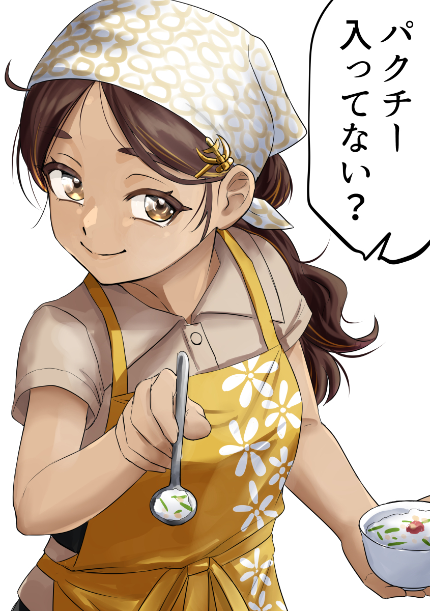 1girl, apron, bandana, bowl, brown_eyes, brown_hair, brown_shirt, commentary_request