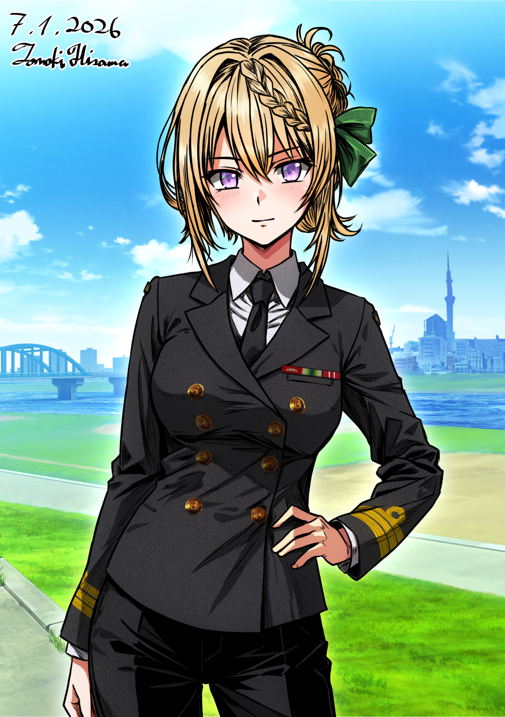 1girl, alternate_costume, artist_name, black_jacket, black_necktie, black_pants, blonde_hair, braid, braided_bangs, braided_bun, buttons, collared_shirt, commentary_request, cowboy_shot, dated, double-breasted, green_ribbon, hair_between_eyes, hair_bun, hair_ribbon, hand_on_own_hip, highres, hisama_tomoki, jacket, kantai_collection, long_sleeves, looking_at_viewer, military_dress_uniform, military_rank_insignia, military_uniform, naval_dress_uniform, naval_uniform, necktie, one-hour_drawing_challenge, pants, patch, perth_(kancolle), purple_eyes, ribbon, ribbon_bar, royal_australian_navy, shirt, short_hair, shoulder_patch, single_hair_bun, smile, solo, white_shirt