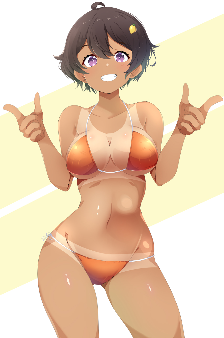 1girl, adapted_costume, ahoge, aru_(arudes), bikini, bikini_tan, breasts, cleavage