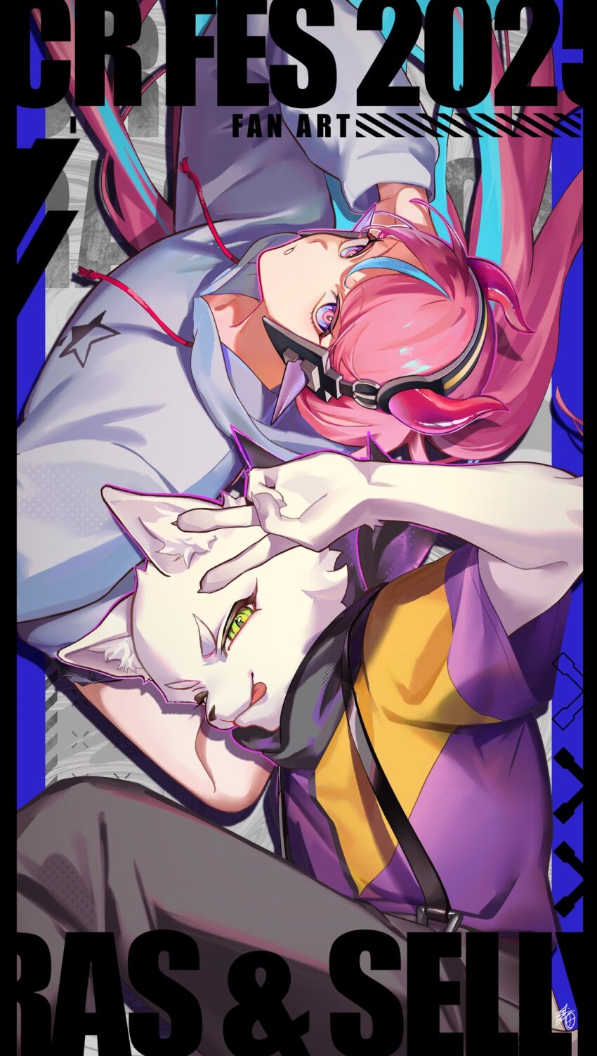 2boys, animal_ears, aqua_streaks, cat_ears, commentary_request, crazy_raccoon, english_text, furry