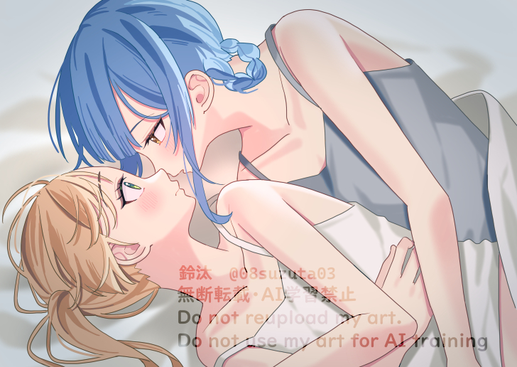 2girls, 55szt, bare_arms, blonde_hair, blue_hair, braid, braided_hair_rings, camisole, collar, commentary_request, eye_contact, green_eyes, grey_camisole, hair_rings, imminent_kiss, looking_at_another, mahou_shoujo_no_majo_saiban, multiple_girls, tachibana_sherry, tono_hanna, twintails, under_covers, watermark, white_camisole, yellow_eyes, yuri