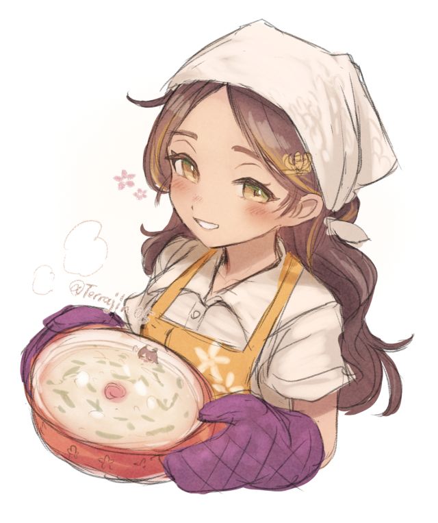 apron, bandana, brown_eyes, brown_hair, brown_shirt, collared_shirt, commentary_request, cooking_pot