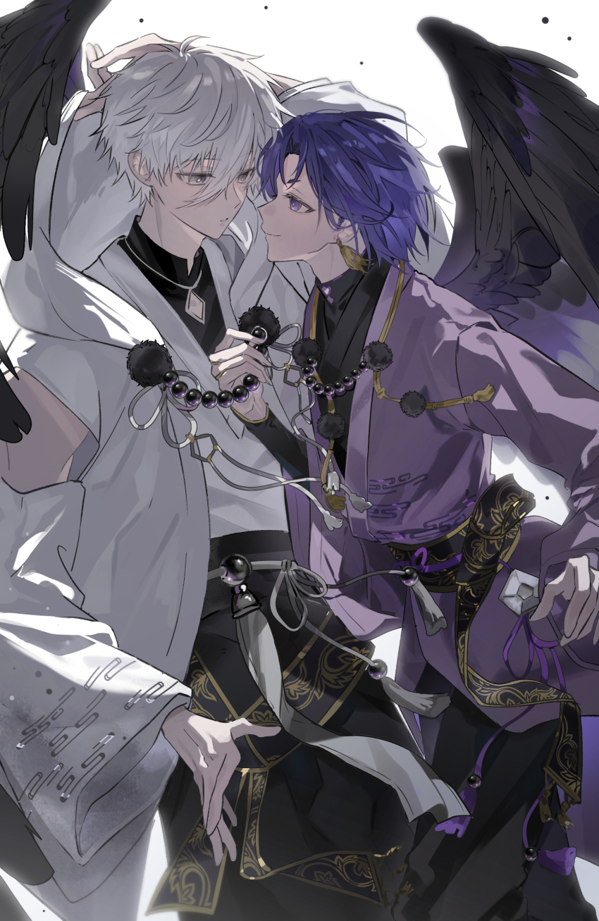 2boys, absurdres, angel_wings, black_wings, blnag_peapond, blue_lock, commentary_request, earrings