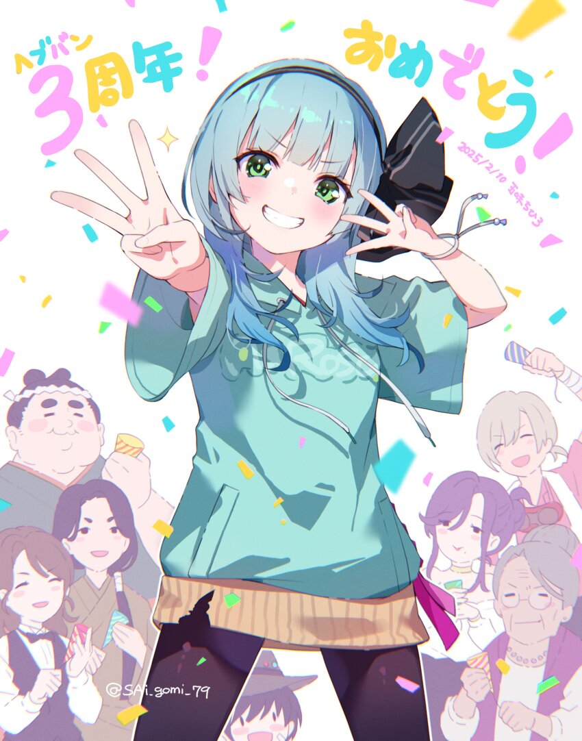 4boys, 4girls, :d, absurdres, anniversary, aqua_hoodie, black_bow, black_hairband