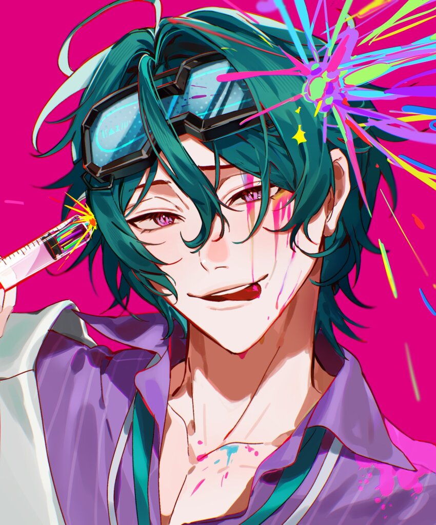 1boy, absurdres, ahoge, commentary, elias_delborne, eyewear_on_head, first_stage_production, glasses