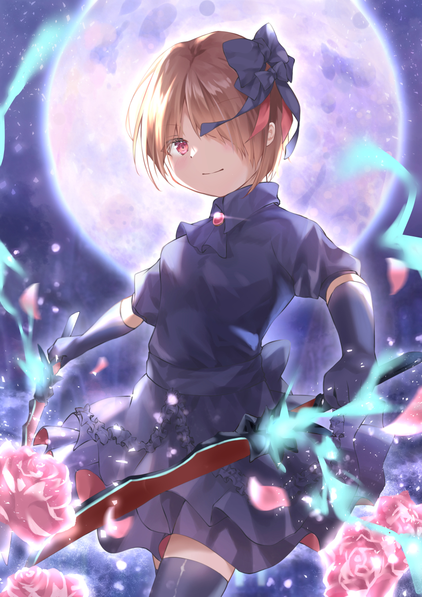 1girl, absurdres, brown_hair, butterfly_hair_ornament, commentary_request, dual_wielding, flower, full_moon