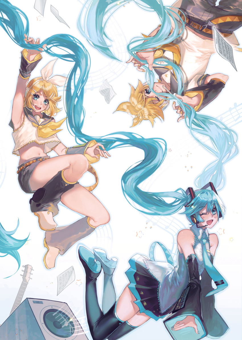 1boy, 2girls, absurdly_long_hair, aqua_eyes, aqua_hair, aqua_nails, aqua_necktie, aqua_trim, arm_up, armpits, bare_shoulders, black_boots, black_leg_warmers, black_sailor_collar, black_shorts, black_skirt, black_sleeves, blonde_hair, blue_eyes, blush, boots, breasts, closed_mouth, collared_shirt, commentary_request, detached_sleeves, fingernails, floating_hair, full_body, grey_shirt, hair_between_eyes, hair_ornament, hatsune_miku, headset, highres, kagamine_len, kagamine_rin, kiekyun, leg_warmers, long_hair, long_sleeves, medium_breasts, miniskirt, multiple_girls, musical_note, musical_staff, nail_polish, navel, necktie, one_eye_closed, open_mouth, pleated_skirt, sailor_collar, shirt, short_shorts, shorts, simple_background, skirt, sleeveless, sleeveless_shirt, sleeves_past_wrists, smile, solo, speaker, thick_thighs, thigh_boots, thighhighs, thighs, tie_clip, twintails, very_long_hair, vocaloid, white_background, white_shirt, yellow_trim, zettai_ryouiki