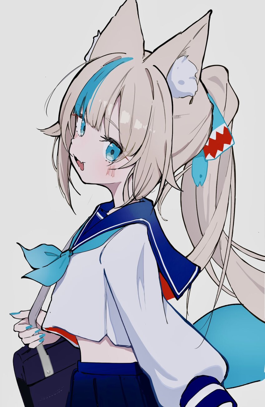 1girl, :d, animal_ears, blonde_hair, blue_eyes, blue_nails, blue_ribbon, blue_tail