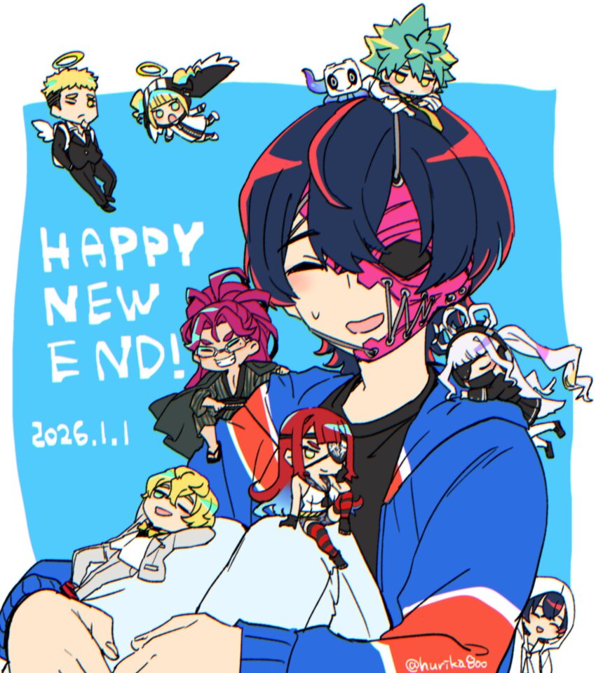 4boys, 5girls, ^_^, angel, angel_wings, arale_(shuten_order), black_hair, black_jacket