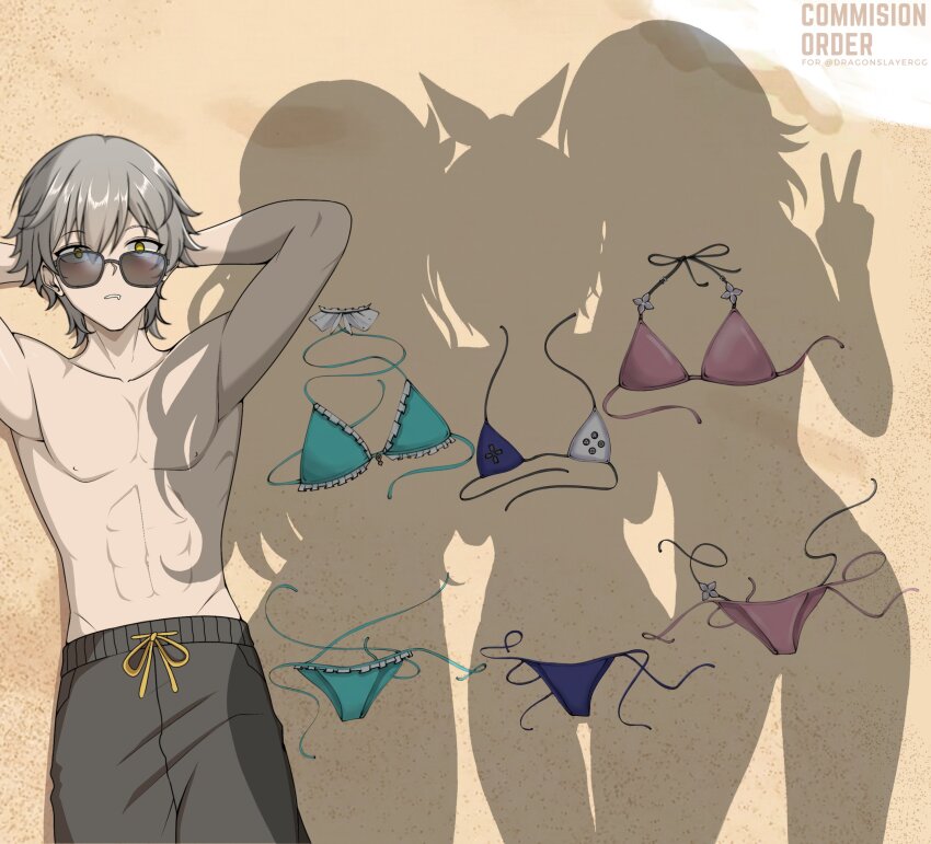 1boy, 3girls, abs, absurdres, arms_behind_head, arms_up, beach, bikini, caelus_(honkai:_star_rail), centauri-d, commentary, commission, day, dressed_shadow_(meme), drooling, empty_eyes, english_commentary, firefly_(honkai:_star_rail), grey_hair, hair_between_eyes, highres, honkai:_star_rail, honkai_(series), implied_nudity, lying, male_swimwear, march_7th_(honkai:_star_rail), meme, mouth_drool, multiple_girls, on_back, on_ground, outdoors, parted_lips, sand, second-party_source, shadow, short_hair, silver_wolf_(honkai:_star_rail), stomach, sunglasses, swimsuit, toned, toned_male, trailblazer_(honkai:_star_rail), unworn_bikini, unworn_bikini_bottom, unworn_bikini_top, unworn_clothes, v, yellow_eyes