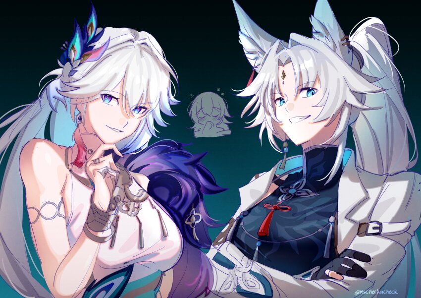 3girls, bare_shoulders, blue_eyes, breasts, coat, commentary, dress, feixiao_(honkai:_star_rail)