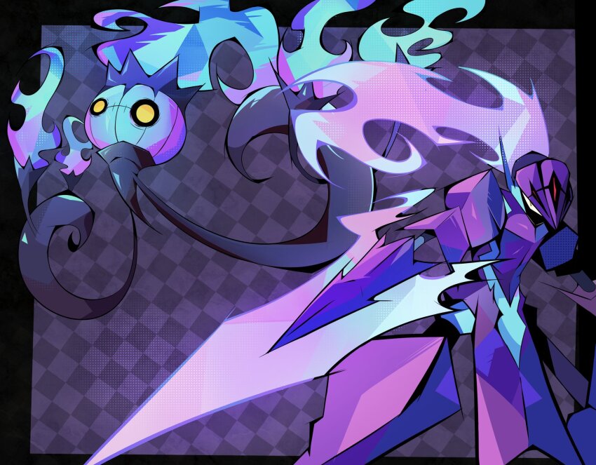 black_border, border, ceruledge, chandelure, checkered_background, commentary, english_commentary, fire