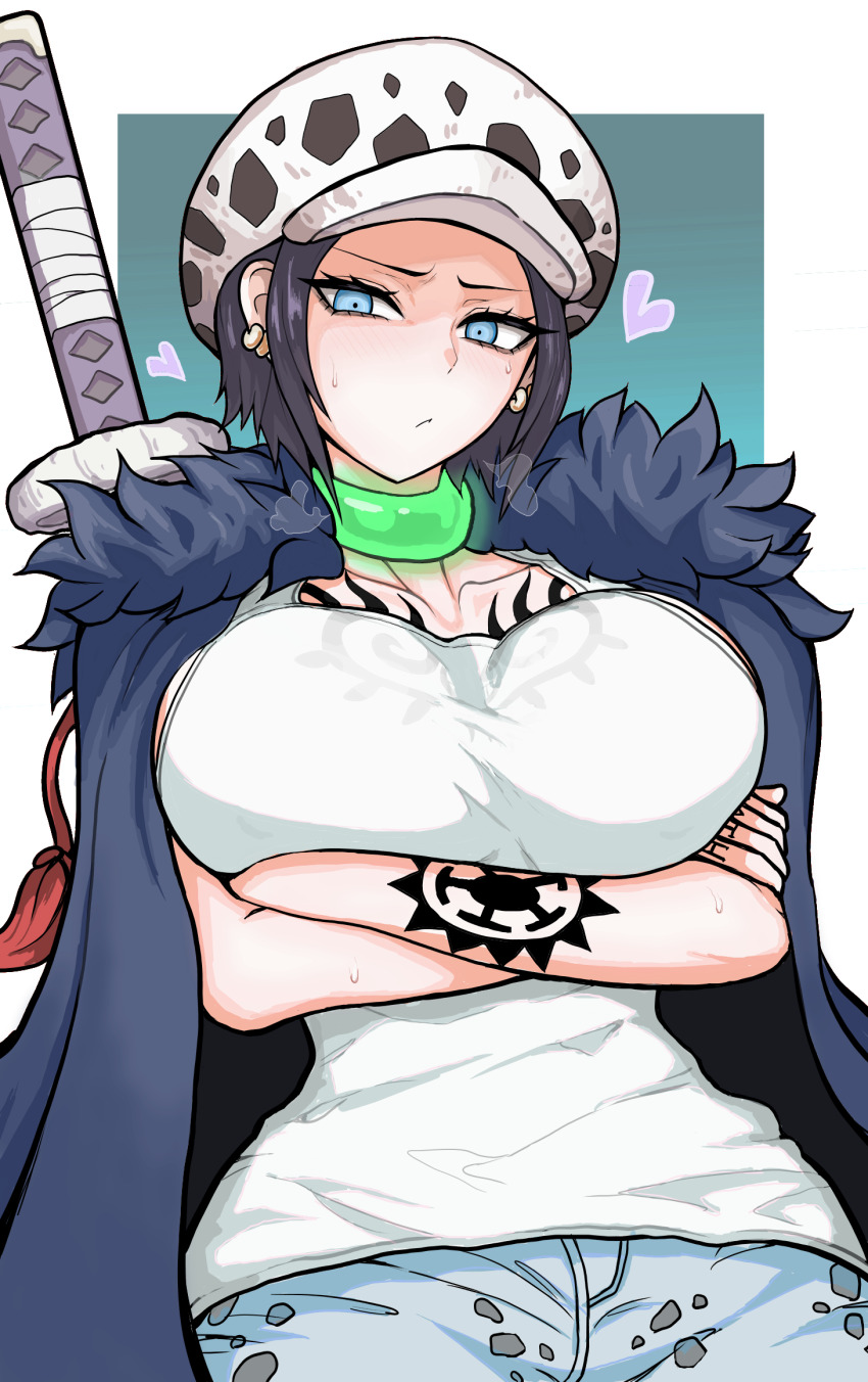 1girl, 27_27tsk, arm_tattoo, arms_under_breasts, black_hair, blue_coat, blue_eyes, breasts, chest_tattoo, coat, commentary_request, genderswap, genderswap_(mtf), hat, heart, highres, large_breasts, law-chan, one_piece, shirt, short_hair, solo, sweat, tattoo, trafalgar_law, white_hat, white_shirt