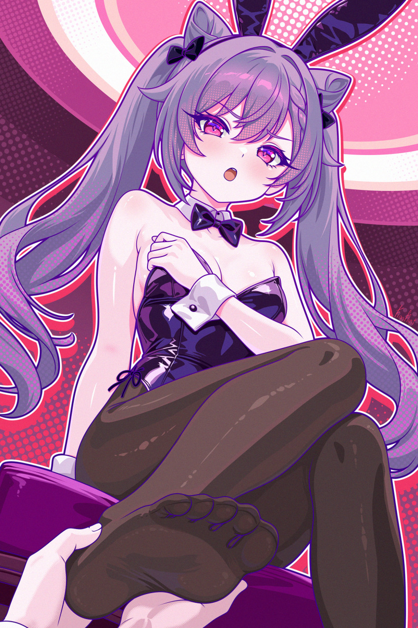 1girl, 1other, :o, absurdres, alternate_costume, animal_ear_hairband, animal_ears, bare_shoulders, black_pantyhose, blush, bow, bowtie, breasts, collar, commentary, commission, cone_hair_bun, detached_collar, fake_animal_ears, fingernails, finn_flint, foot_out_of_frame, genshin_impact, hair_between_eyes, hair_bow, hair_bun, hairband, hands_on_another's_foot, highres, keqing_(genshin_impact), leotard, long_hair, looking_at_viewer, medium_breasts, open_mouth, out_of_frame, pantyhose, purple_bow, purple_bowtie, purple_eyes, purple_hair, purple_hairband, purple_leotard, rabbit_ears, sitting, strapless, strapless_leotard, twintails, very_long_hair, white_collar, white_wrist_cuffs, wrist_cuffs