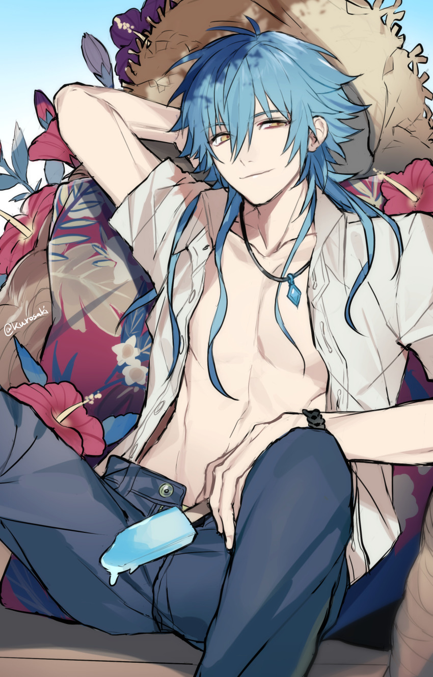 1boy, absurdres, arm_behind_head, arm_up, blue_hair, collarbone, commentary, denim, dramatical_murder, english_commentary, flower, food, hair_between_eyes, hat, highres, holding, holding_food, holding_popsicle, jeans, jewelry, kekdkdk, long_hair, looking_at_viewer, male_focus, misleading_thumbnail, necklace, open_clothes, open_shirt, pants, pectorals, popsicle, seragaki_aoba, shirt, short_sleeves, sitting, smile, solo, spread_legs, straw_hat, watch, white_shirt, wristwatch, yellow_eyes