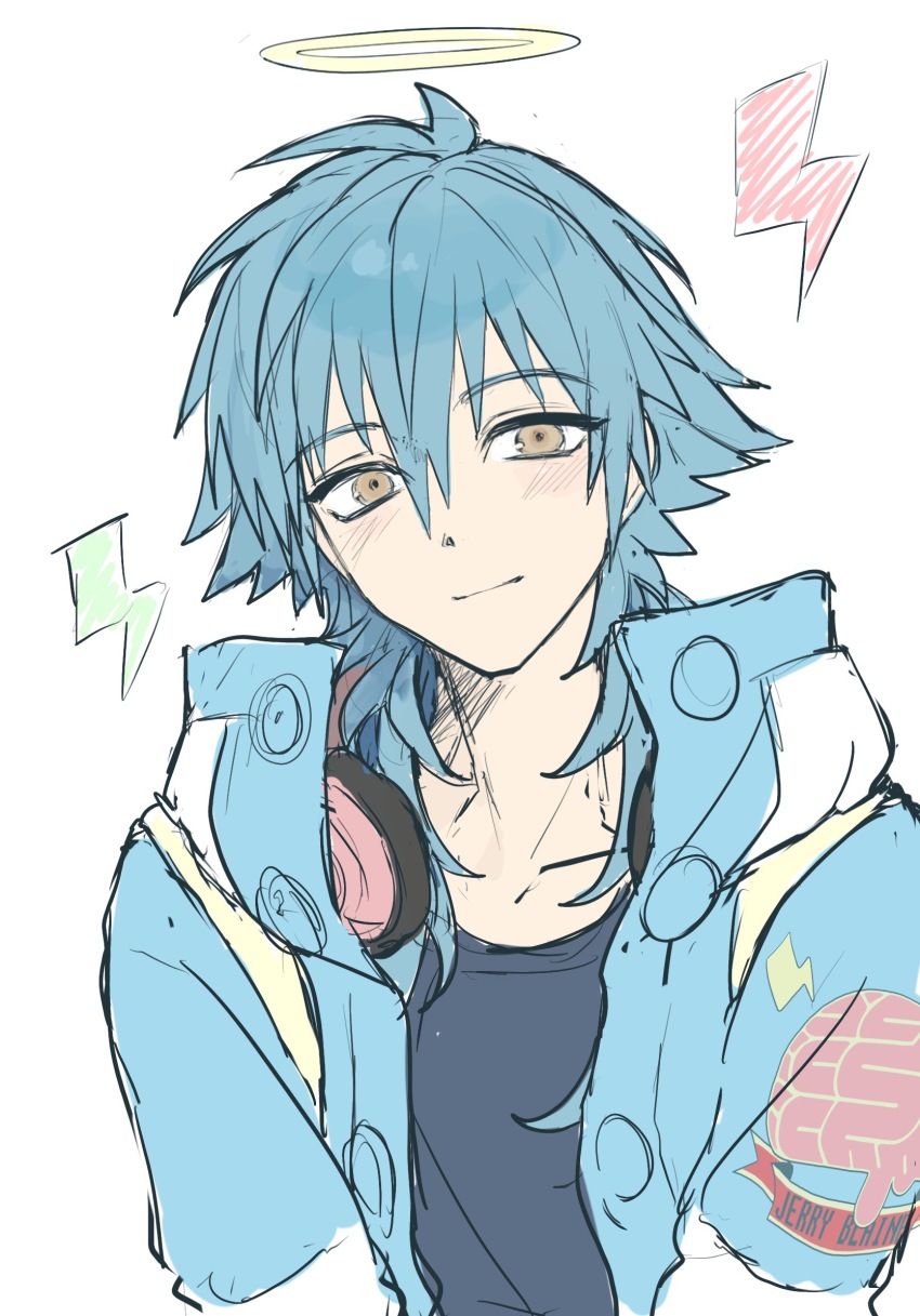 1boy, blue_hair, blue_jacket, blue_shirt, chinese_commentary, commentary_request, dramatical_murder, hair_between_eyes
