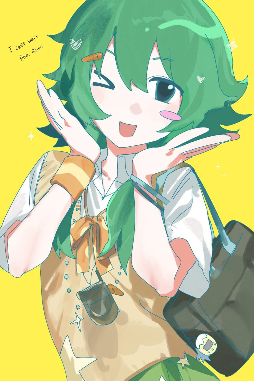 >_o, 1girl, ;d, bag, bead_necklace, beads, blush_stickers, bow