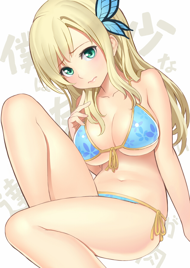10s, 1girl, arm_support, bare_shoulders, bikini, blonde_hair, blue_bikini, boku_wa_tomodachi_ga_sukunai