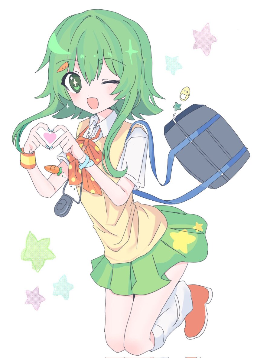 1girl, ;d, bag, blue_nails, blush, bow, bowtie, bracelet