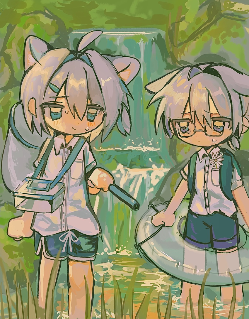 2boys, absurdres, animal_ears, butterfly_net, cat_boy, cat_ears, collared_shirt, commentary_request