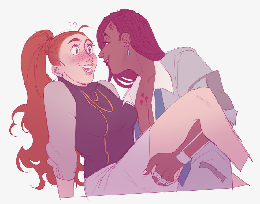 2girls, adelaide_han, breasts, carrying, chest_tattoo, cleavage, commentary, dark-skinned_female, dark_skin, dreadlocks, english_commentary, eye_contact, formal_clothes, freckles, geezmarty, grey_suit, highres, jessica_starling, lipstick, looking_at_another, makeup, medium_breasts, multiple_girls, of_the_devil, orange_hair, ponytail, princess_carry, sketch, suit, tattoo, white_background, yuri