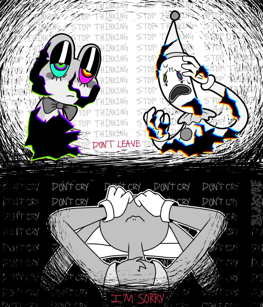 1girl, 2boys, absurdres, animal_ears, blakyre, bow, clown, clown_makeup, commentary, covering_own_eyes, dying, english_commentary, english_text, frills, furry, furry_male, gloves, hat, highres, jax_(the_amazing_digital_circus), jester_costume, kaufmo_(the_amazing_digital_circus), multicolored_eyes, multiple_boys, overalls, rabbit_boy, rabbit_ears, remembering, ribbit_(the_amazing_digital_circus), the_amazing_digital_circus, two-tone_romper