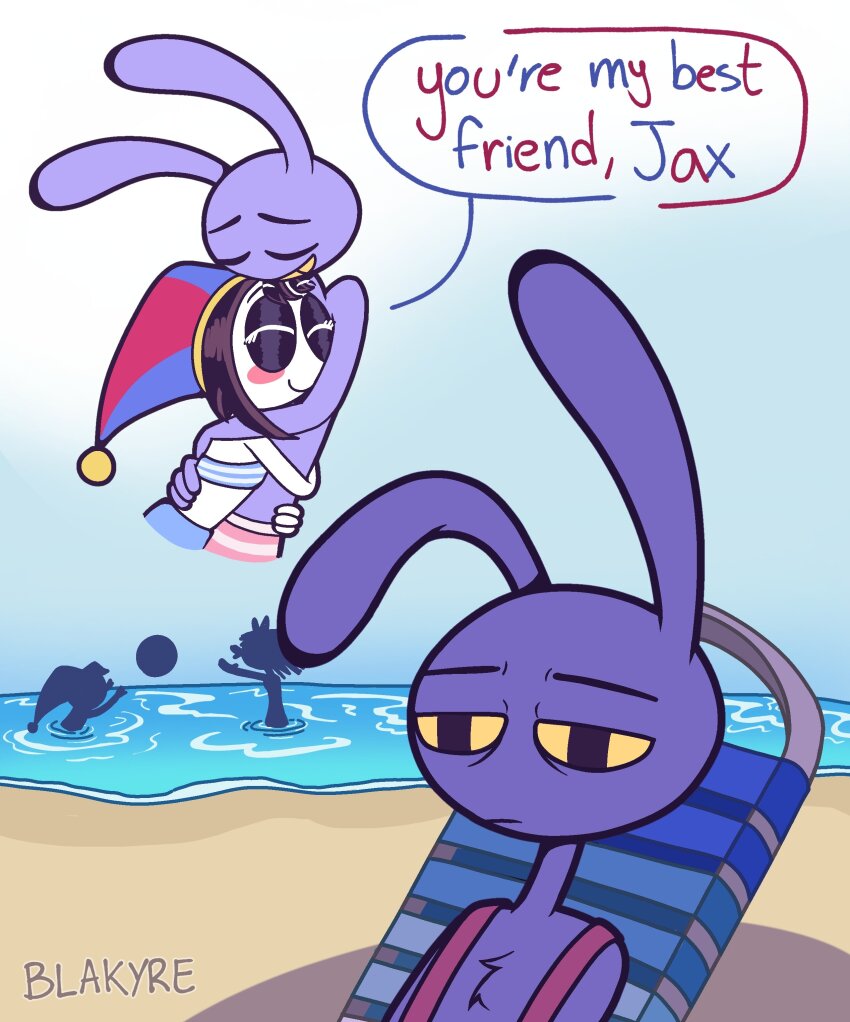 1boy, 2girls, absurdres, animal_ears, ball, beach, beachball, black_eyes