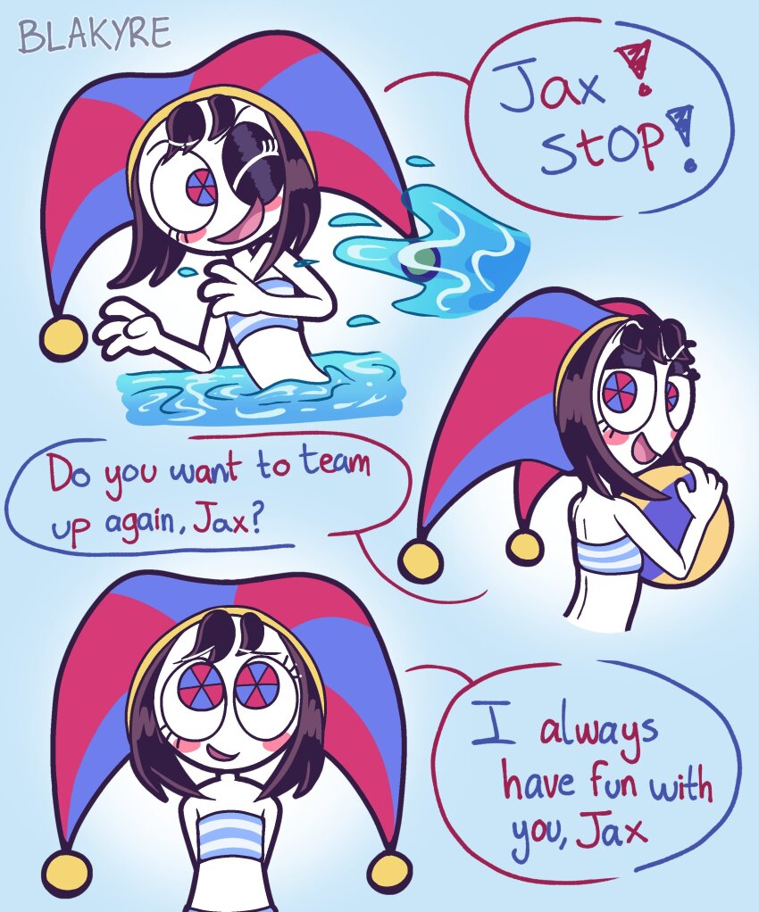 1girl, absurdres, ball, beachball, blakyre, blue_eyes, brown_hair, colored_skin, commentary, english_commentary, english_text, hat, hat_bell, highres, jester, jester_cap, jester_costume, looking_at_viewer, multicolored_eyes, multicolored_hat, ocean, one_eye_closed, partially_submerged, pomni_(the_amazing_digital_circus), red_eyes, short_hair, solo, striped_clothes, striped_headwear, striped_tube_top, swimsuit, the_amazing_digital_circus, two-tone_eyes, vertical-striped_clothes, vertical-striped_headwear, white_skin