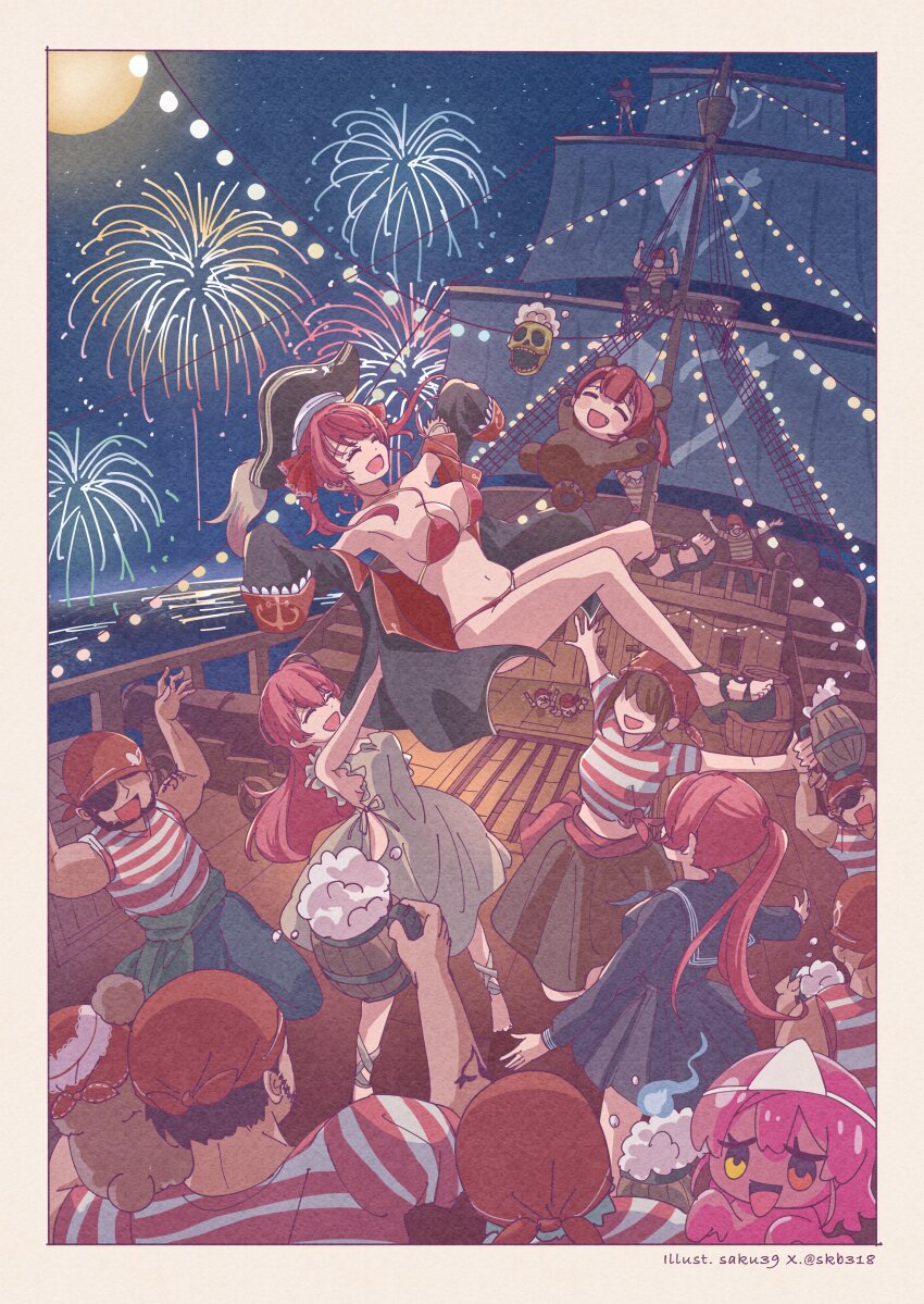 bikini, fireworks, hat, hololive, houshou_marine, multiple_girls, night, pirate_hat