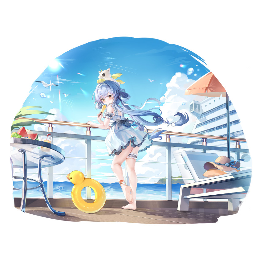 1girl, absurdres, against_railing, aqua_dress, aqua_hair, armband, artist_request, barefoot