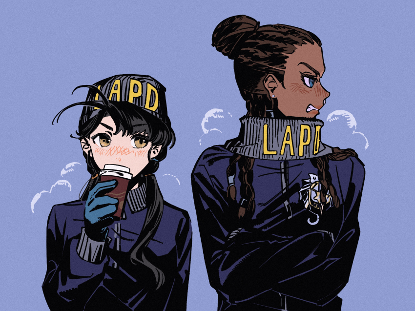 2girls, alternate_costume, beanie, black_hair, black_jacket, blue_background, blue_eyes, blue_gloves