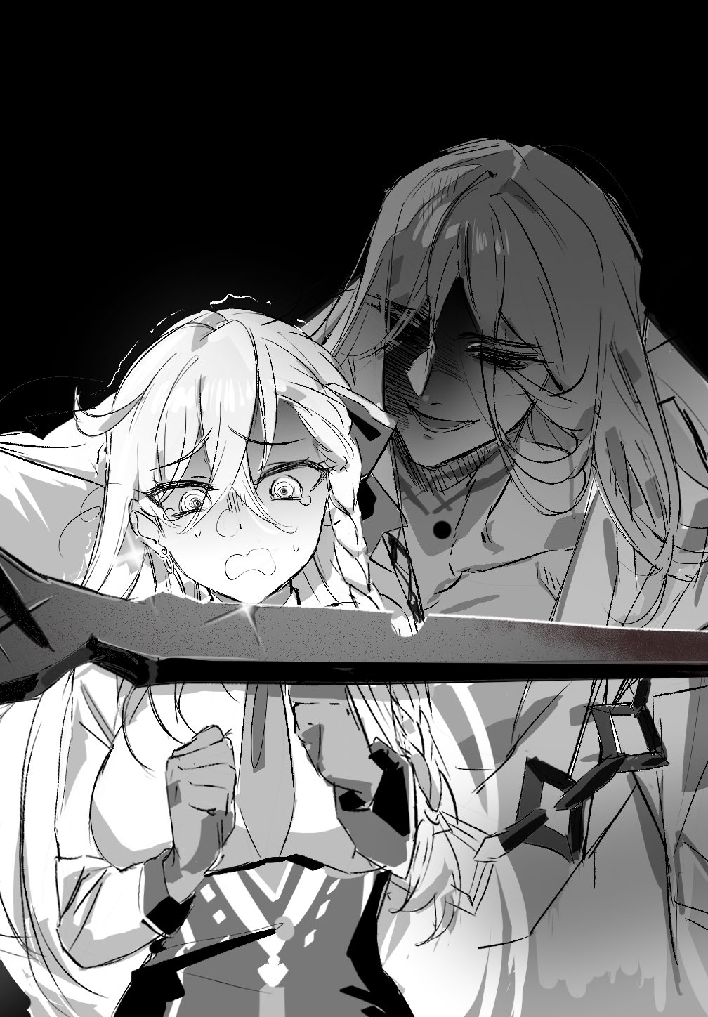 ahoge, azrael_(grand_assassin)_(fate), azrael_(sword)_(fate), black_eyes, bow, braid, breasts, chain